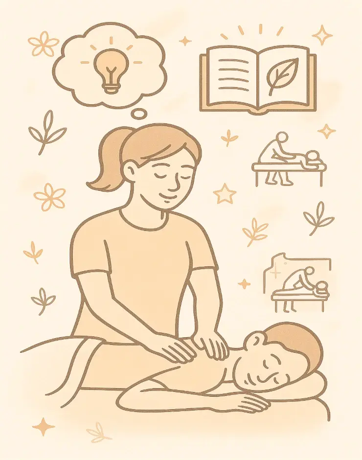 Illustration of a Seven Angels Massage therapist performing continuous training in massage techniques and ongoing skill development.